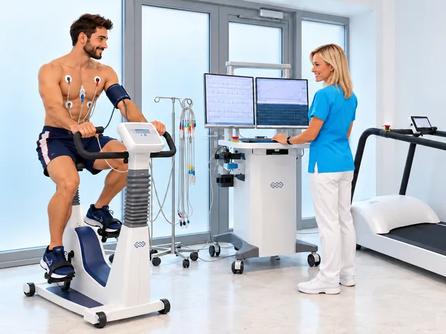 Športovec s EKG elektródami a tlakomerom počas záťažového testu na bicyklovom ergometri, sestra sleduje EKG na monitore