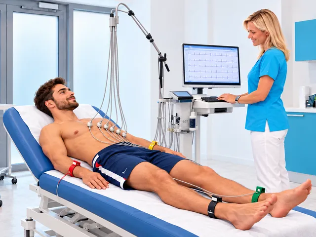 Športovec leží na lehátku počas pokojového EKG, sestra sleduje záznam na monitore