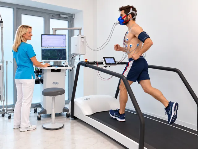 Športovec s dýchacou maskou a EKG elektródami beží na bežeckom páse, sestra sleduje údaje na monitoroch