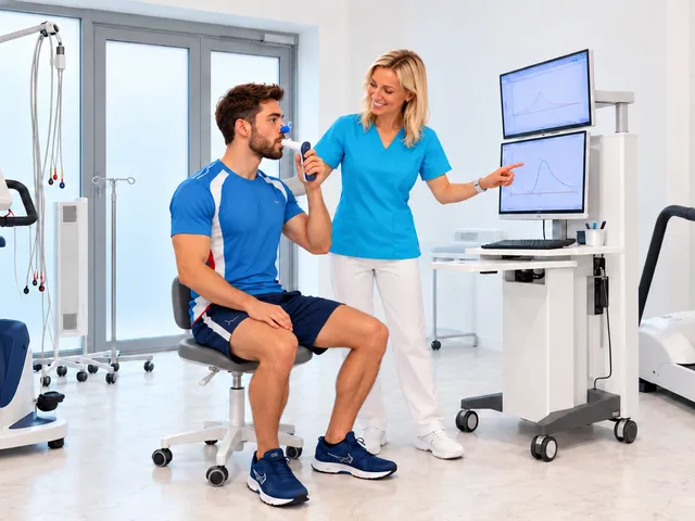 Športovec sedí a fúka do spirometra, sestra mu na monitore ukazuje krivku dýchania